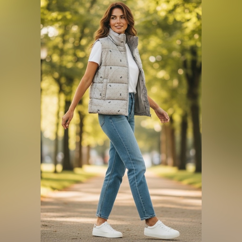Lightweight Ribbon & Dot Puffer Vest in Beige – Women’s Large - Picture 2 of 8